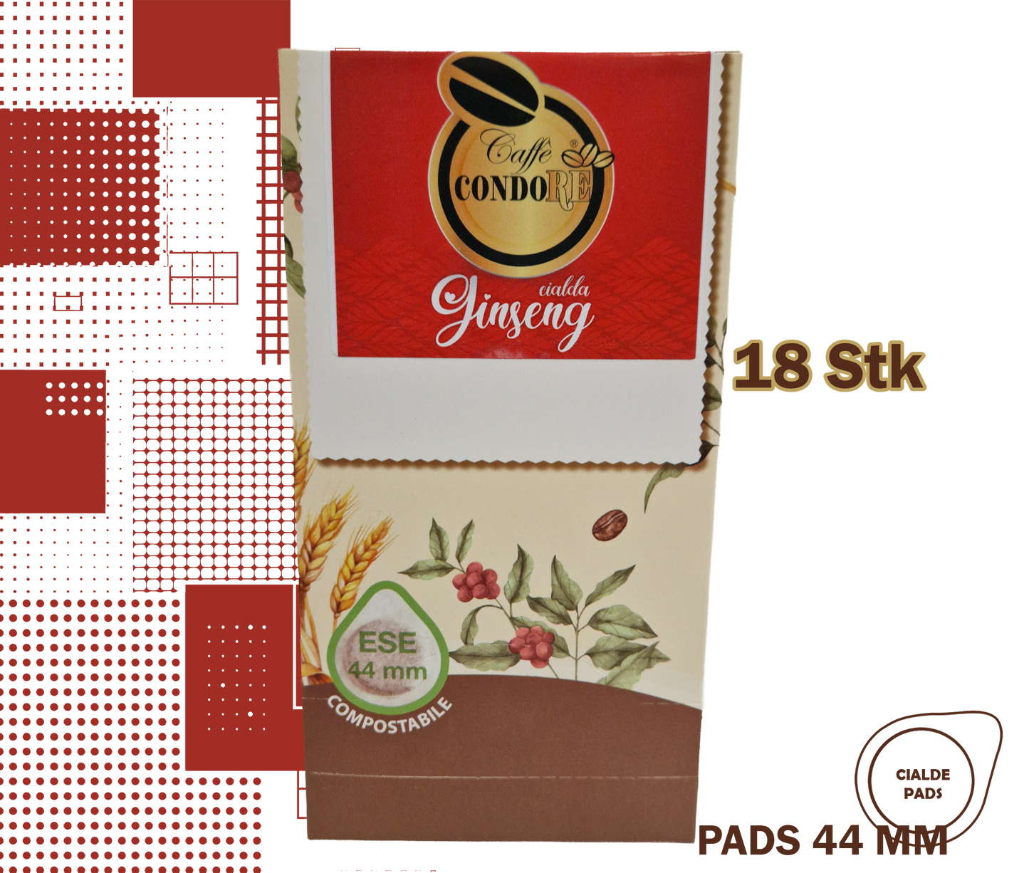 Condorè | 18 aromatisierte Kaffeepads, 44mm Geschmack Ginseng