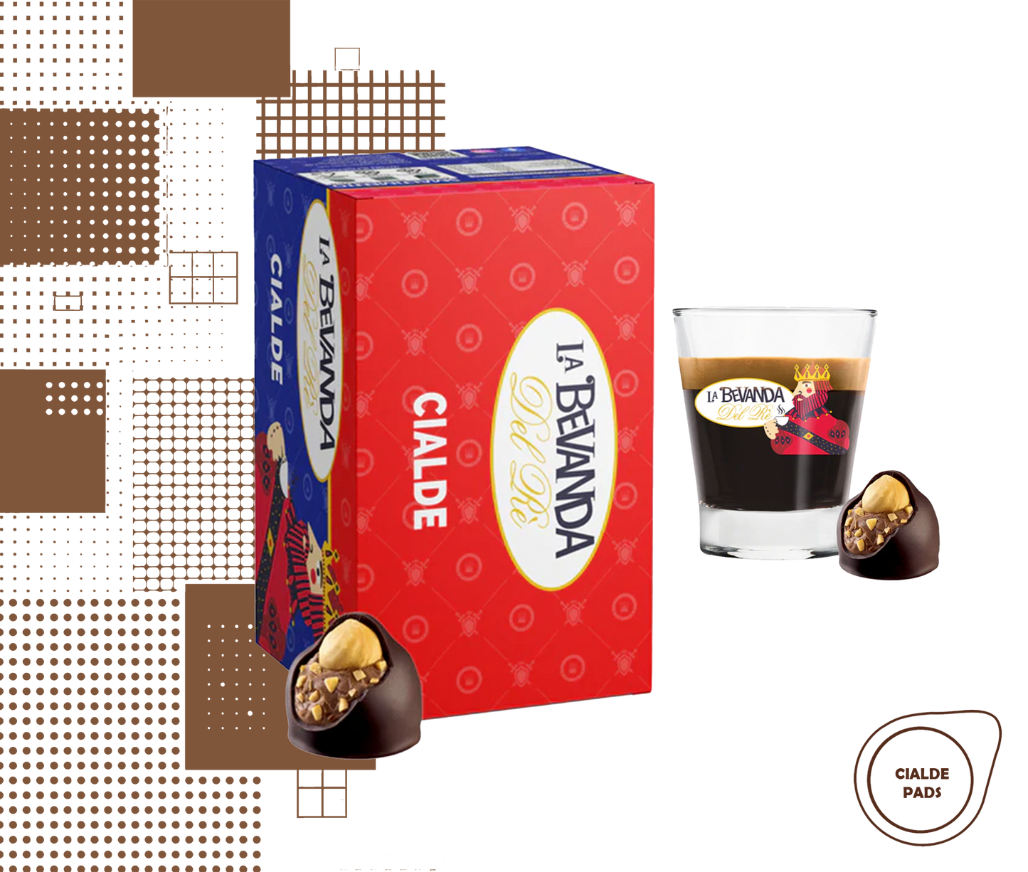 La Bevanda Del Re | 25 Aromatisierte Kaffeepads, 44mm Geschmack Bacio (Schokolade und Haselnuss)
