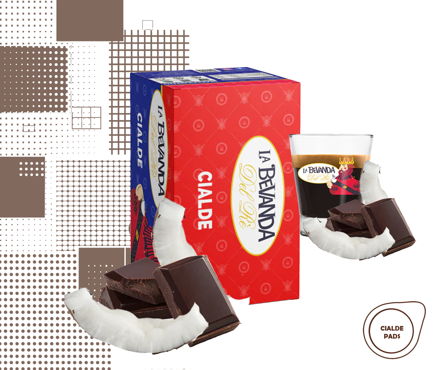 La Bevanda Del Re | 25 cialde caffè aromatizzate, 44mm gusto cocco e cioccolato
