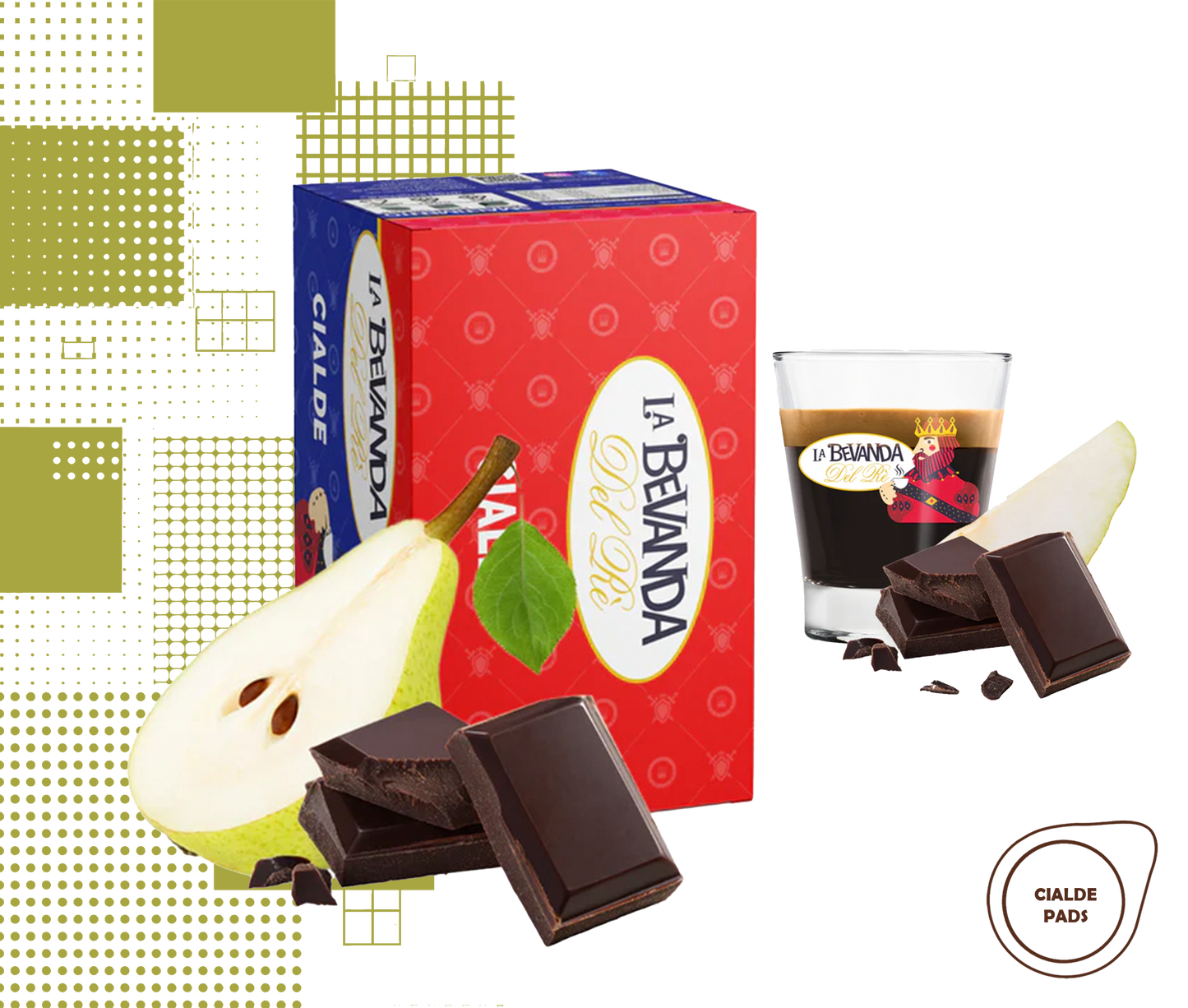 La Bevanda Del Re | 25 aromatisierte Kaffeepads,44mm Geschmack Birne und Schokolade