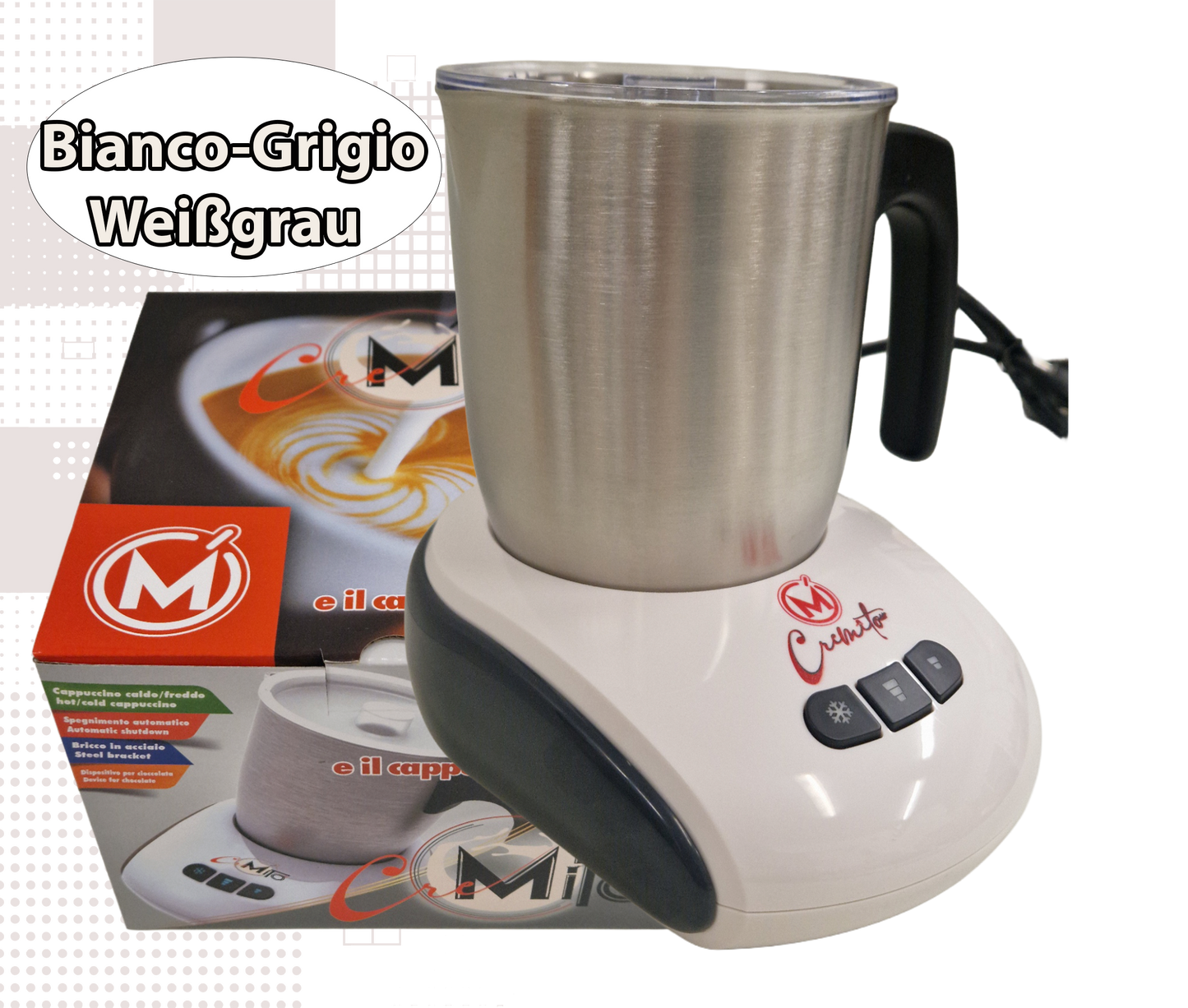 CREMITO Weiß Grau | Elektrischer Milchaufschäumer für heißen und kalten Milchschaum aus Edelstahl