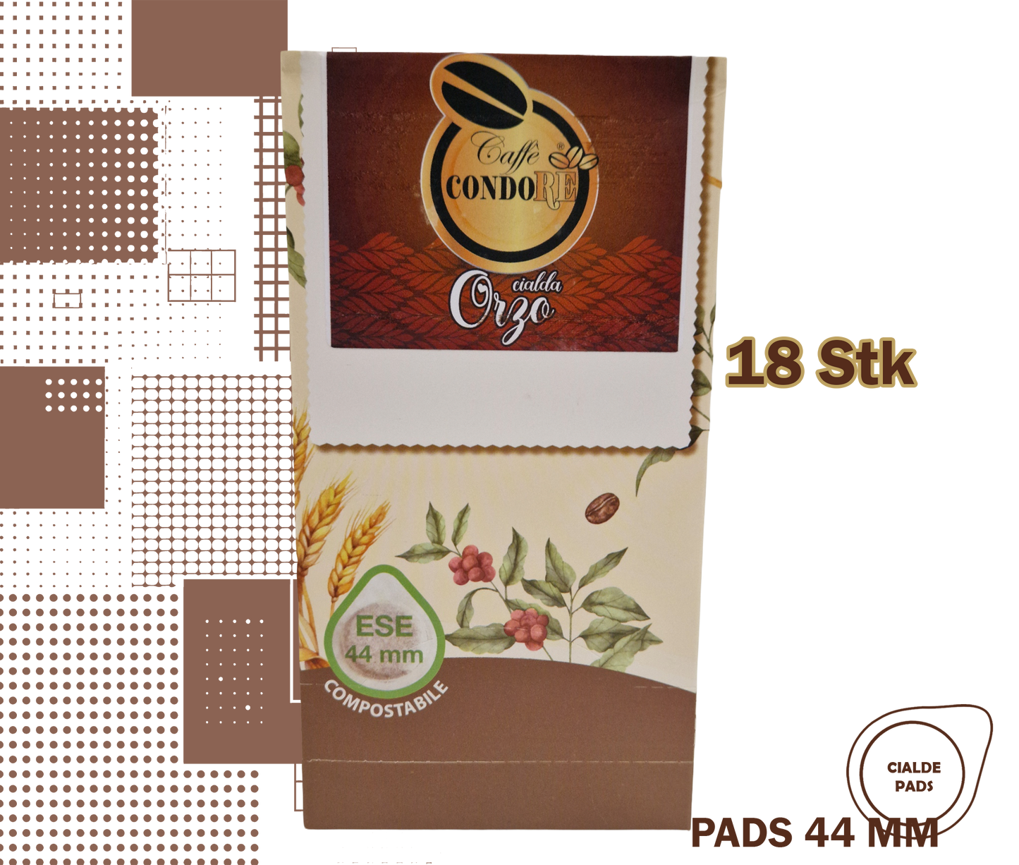 Condorè | 18 aromatisierte Kaffeepads, 44mm Geschmack Orzo