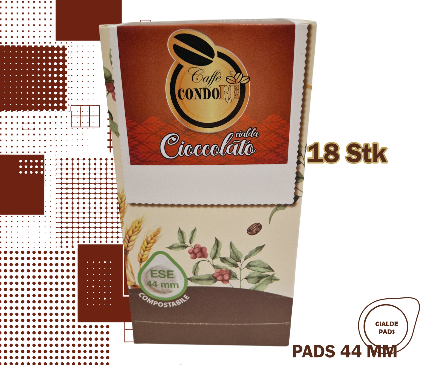 Condorè | 18 aromatisierte Kaffeepads, 44mm Geschmack Schokolade