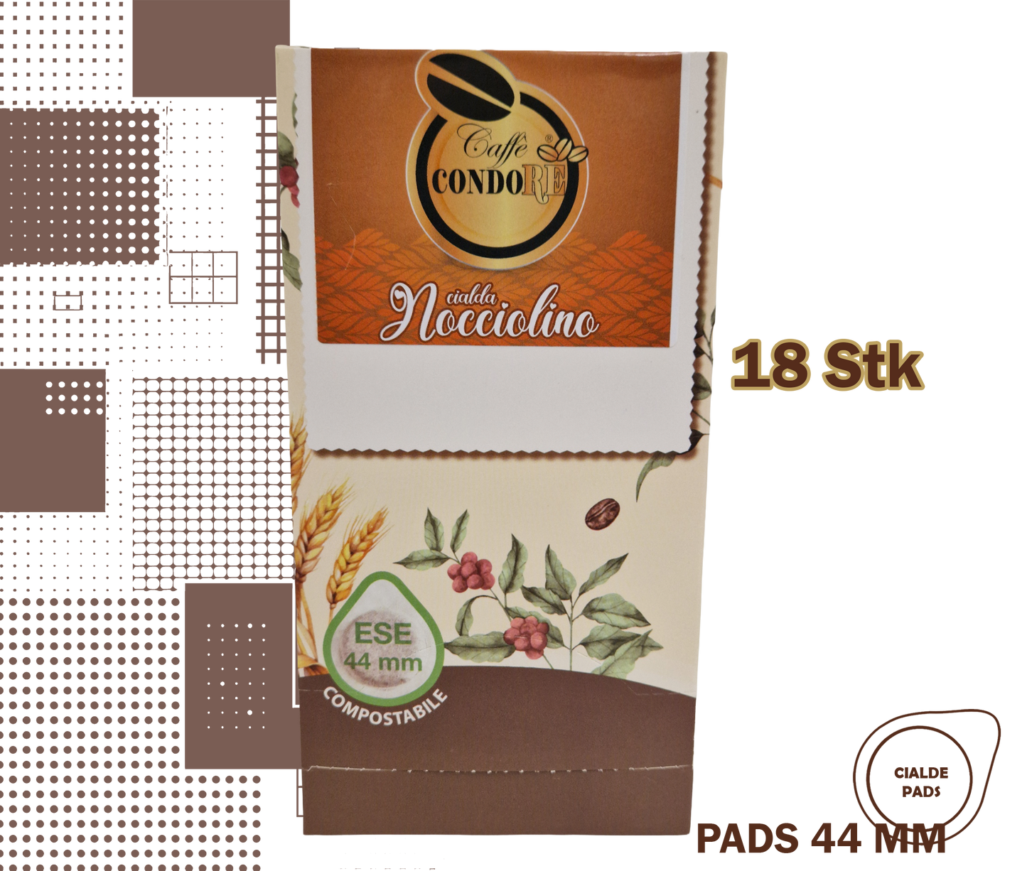 Condorè | 18 aromatisierte Kaffeepads, 44mm Geschmack Haselnussnote